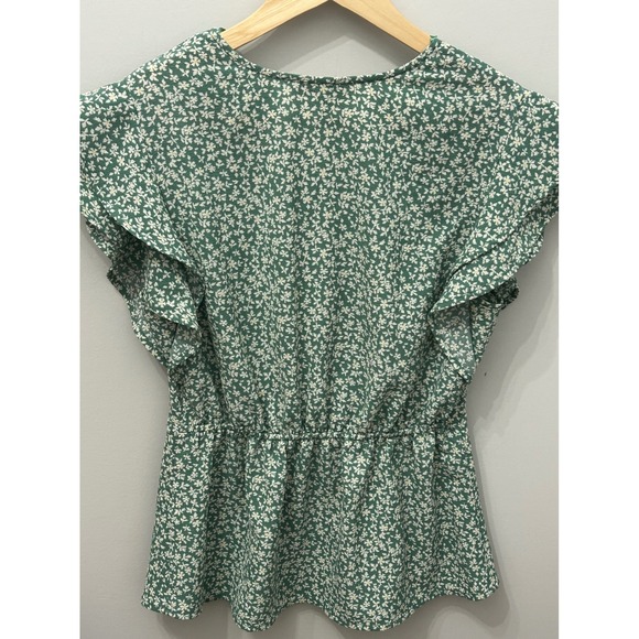 Monteau Los Angeles Green Floral Ruffle Sleeve Wrap Peplum Top Size M - Picture 4 of 4